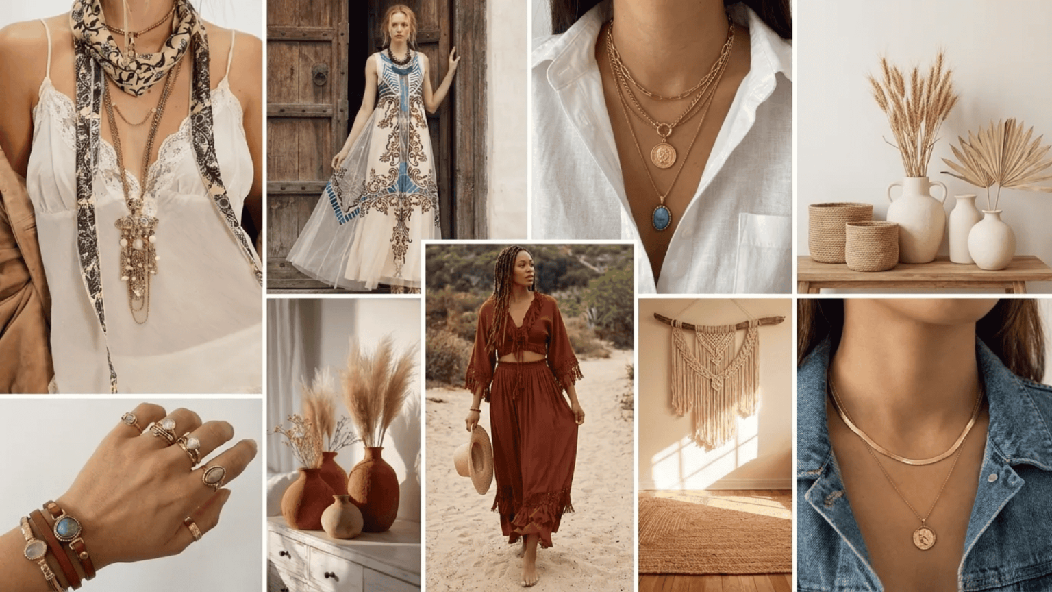 The image showcases a collection of boho-chic fashion, jewelry, and home décor items, highlighting a blend of earthy tones, unique accessories, and relaxed, eclectic style.